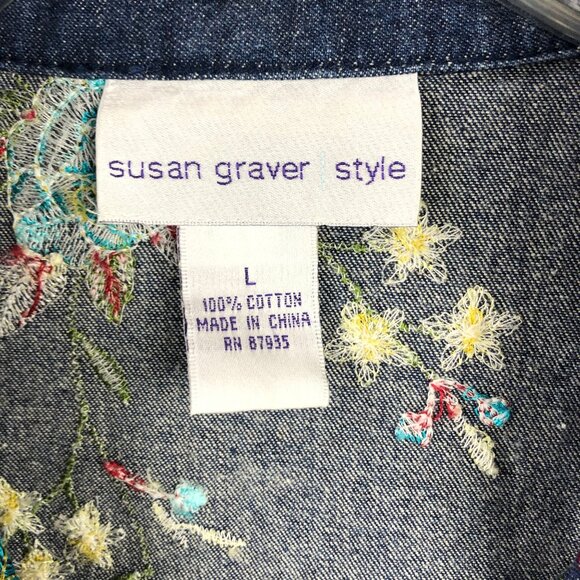 Susan Graver Style Floral Embroidered Denim Blazer Jacket Size Large - Picture 3 of 3